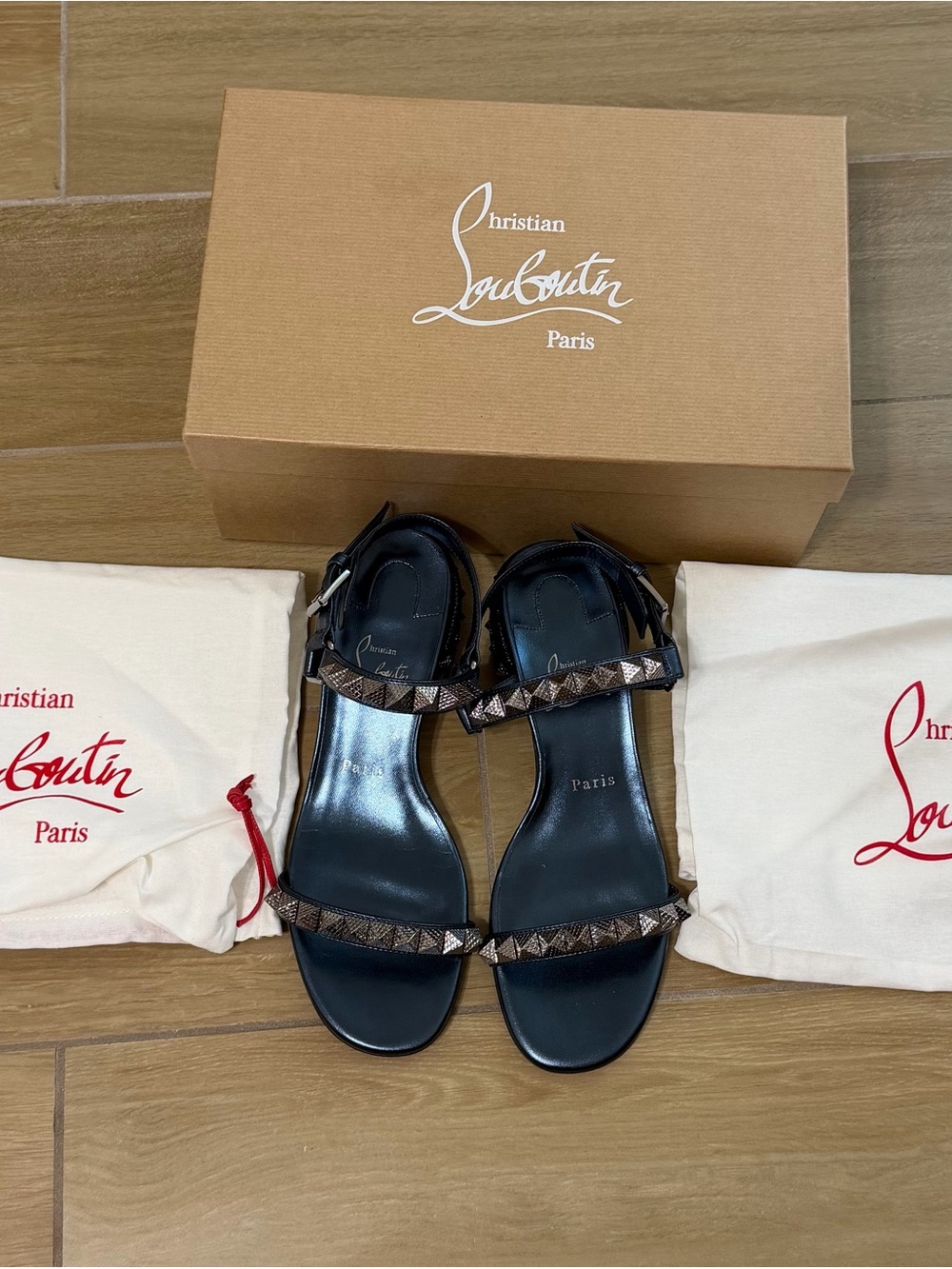 Christian Louboutin Blue Metallic Studded Leather Flat Sandals